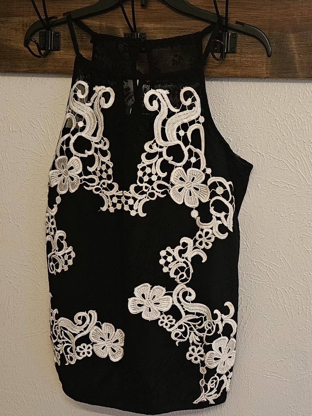 INC International Concepts Black Lace Top with White Lace Appliqué